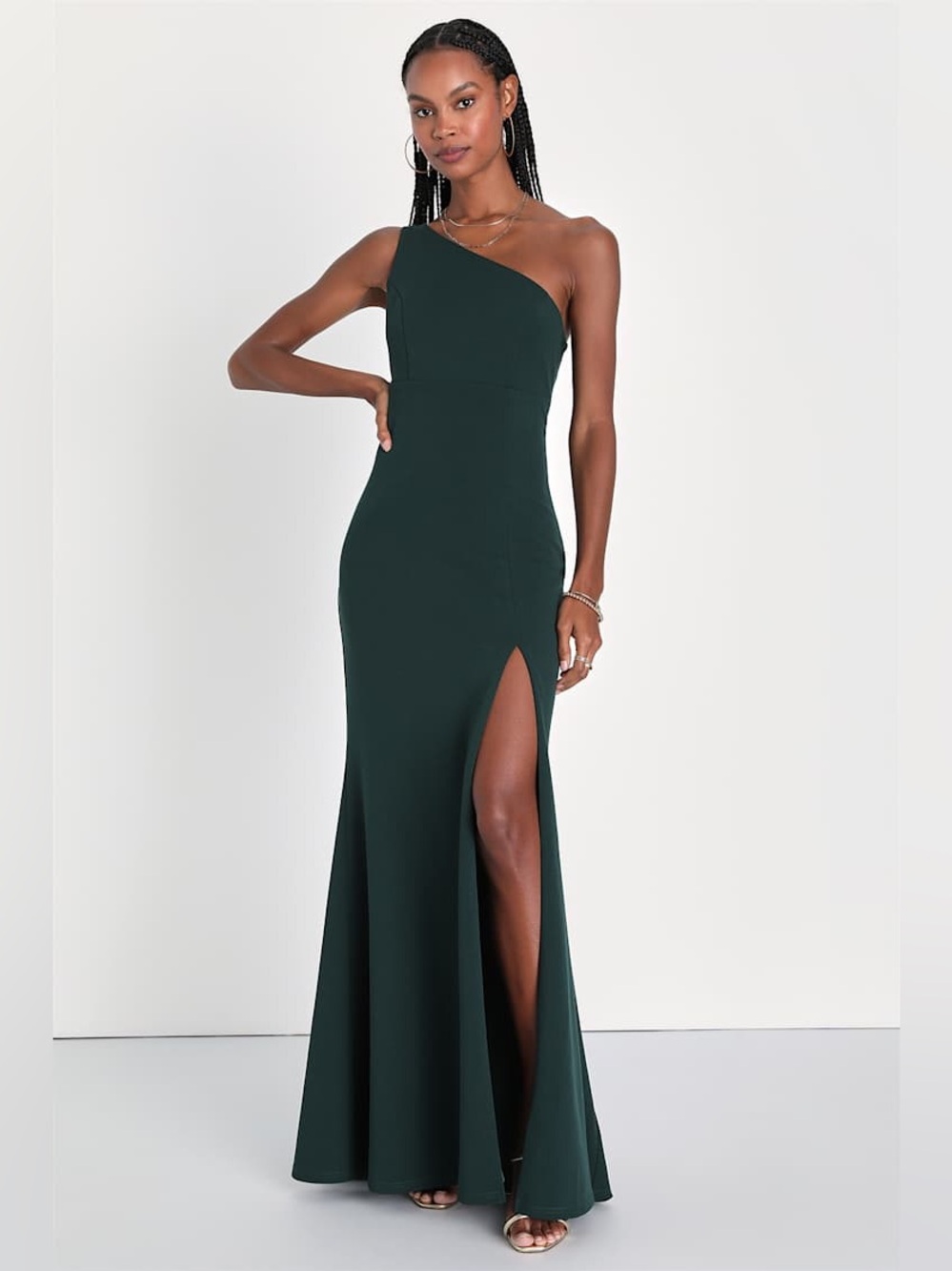 Lulu's One-Shoulder Dark Emerald Green Gown